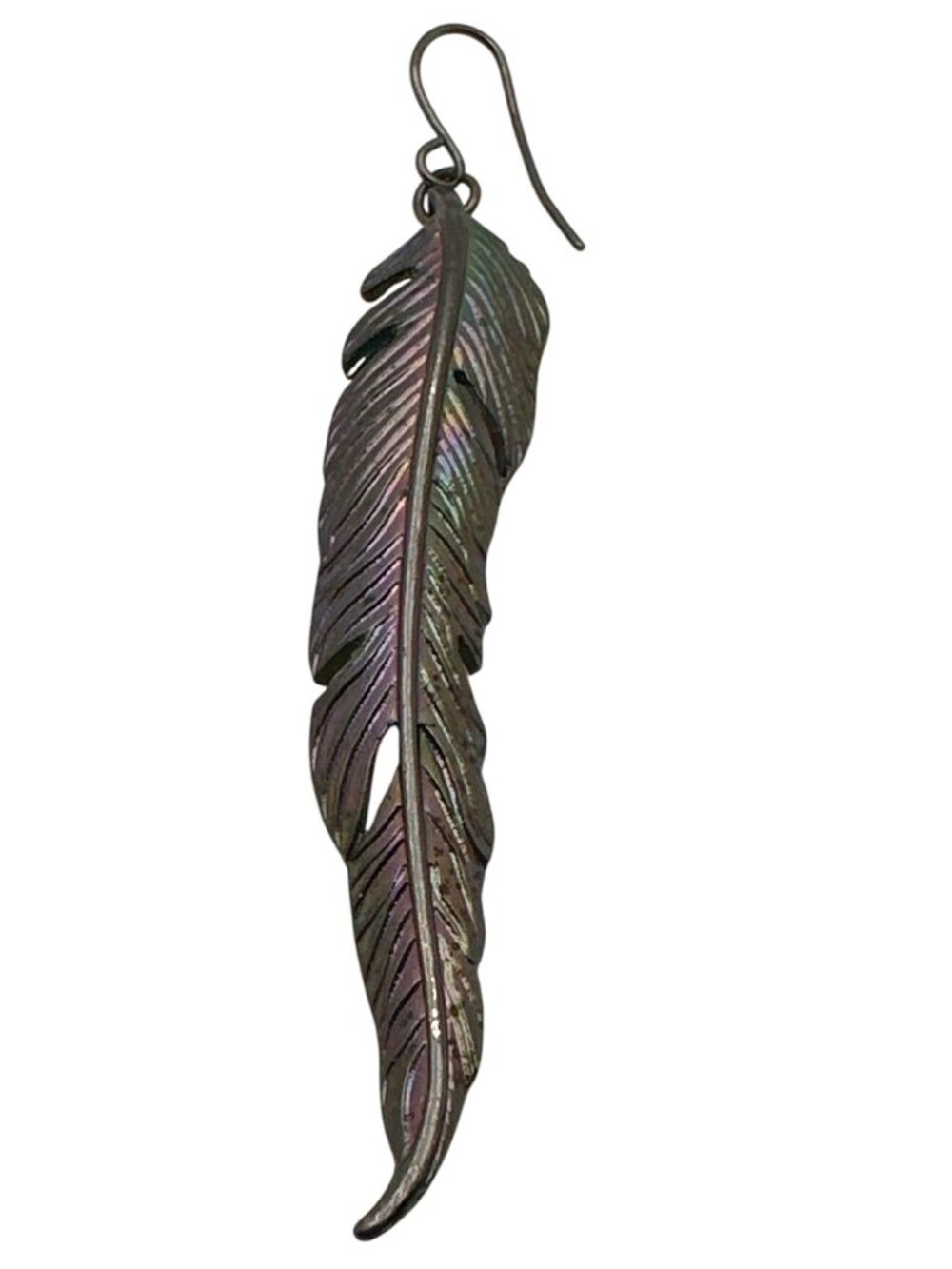 One Single Feather Earring Iridescent Metal Dangle